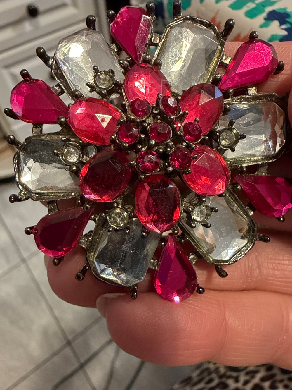 Pink Crystal Floral Brooch unsigned